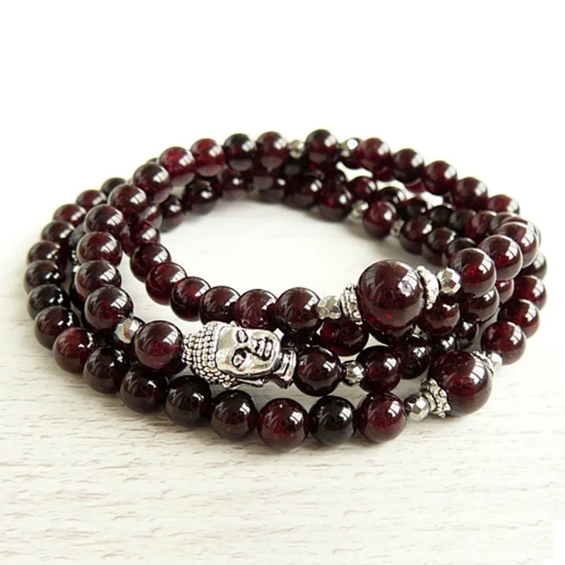 Colar de Mala ou Pulseira 6mm Garnet Yoga Presente Buddha Garnet Wrap Wrap Pulseiras