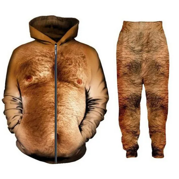 Nieuwe Mode Mens / Womens Set Hairy Body Funny 3D Print Hoodie + broek QL04