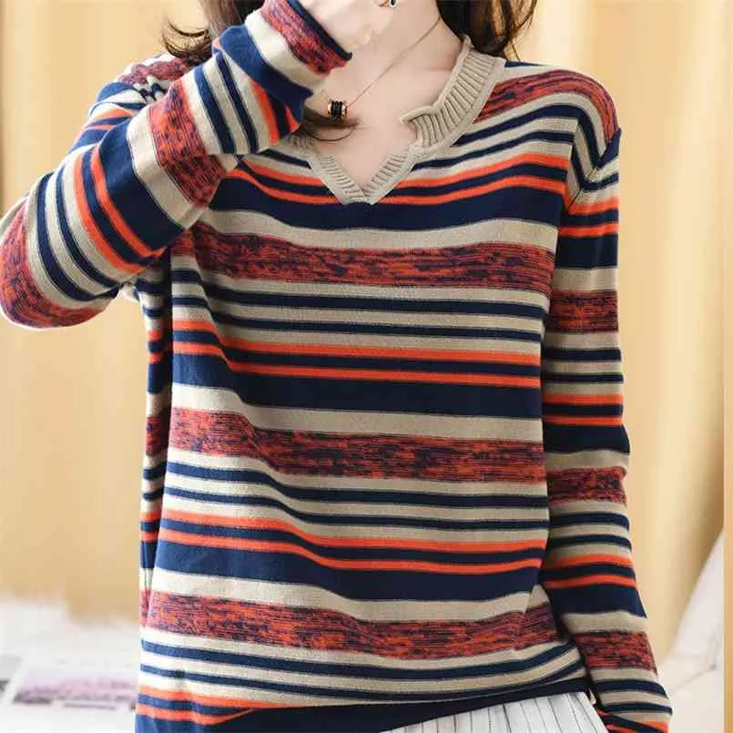 Lose gestreifte Mode Pullover V-Ausschnitt Pullover Herbst Winter koreanische beiläufige gestrickte Damen Pullover Damen Pullover 210806