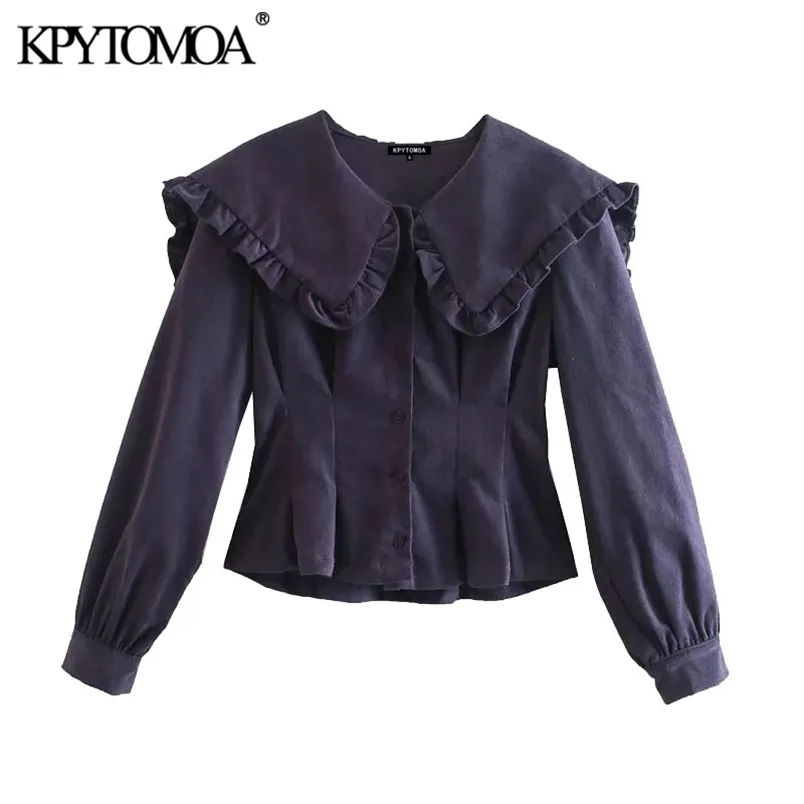 Women Sweet Fashion Ruffled Corduroy Fitted Blouses Long Sleeve Button-up Female Shirts Blusas Chic Tops 210420