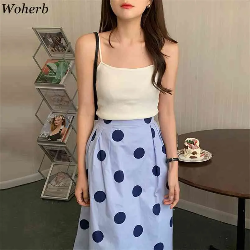 Chic Iki Parçalı Set Kadın Beyaz Sling Kırpma Tops Yüksek Bel Polka Dot Etek Kore Suit Ropa Mujer 2 Kadın için 210519