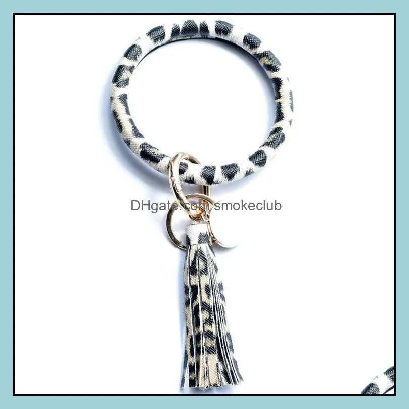 Women Tassels Bracelets PU Leather Wrap Key Ring Leopard Lily Print Keychain Wristband Sunflower Drip Oil Circle Bangle Chains Epacket