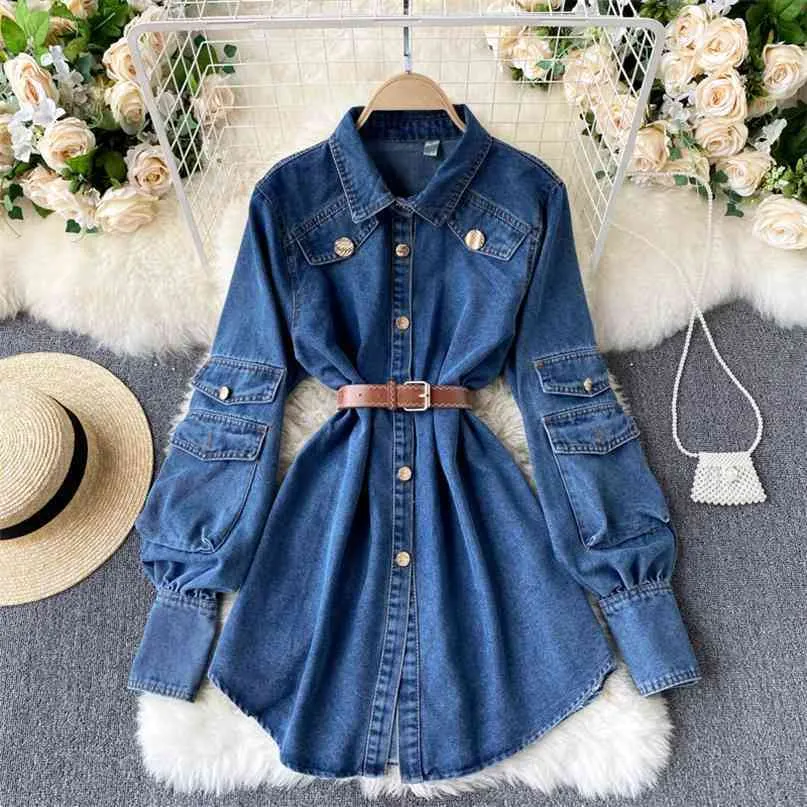 Kobiety Denim Koszula Wiosna Moda Lapel Collar Pełna Rękaw Pojedyncze Kierowe Kieszenie Kobiet Długie Dżinsy Top z pasem 210603