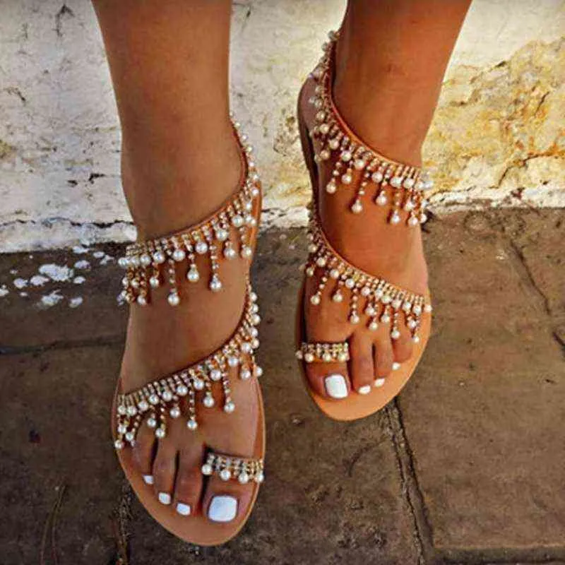 2020 Vintage Boho Sandaler Kvinnor Läder Beading Flat Sandals Kvinnor Bohimia Beach Sandaler Skor Plus Storlek Sommar Mode Kvinna G0209