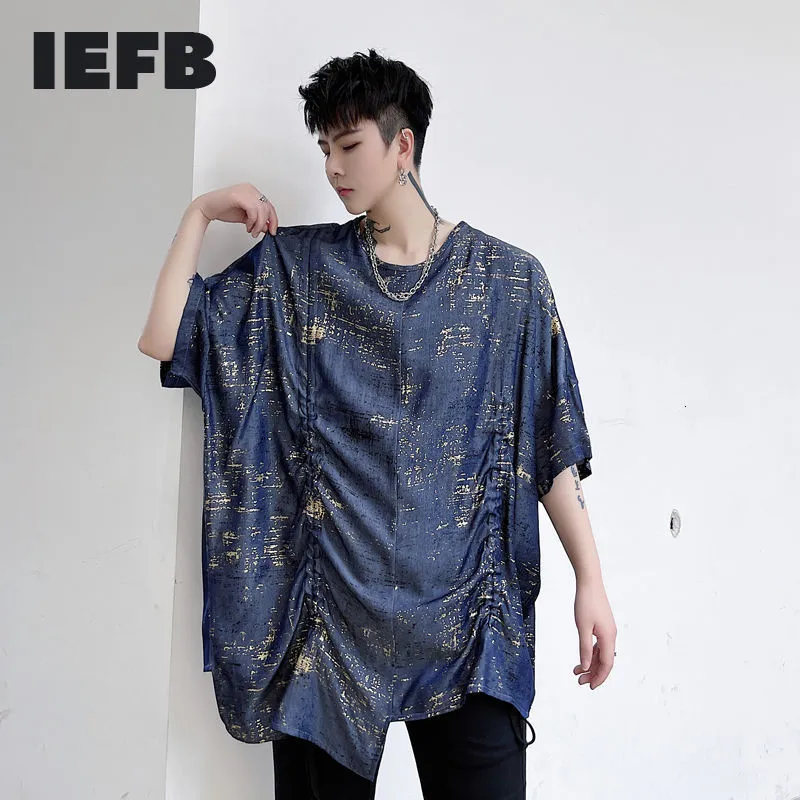 IEFB T-shirt a maniche corte da uomo a maniche corte con spalle scoperte e design con coulisse dorata blu denim estivo T-shirt causale oversize 9Y7377 210524