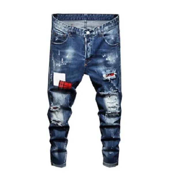 Mens Slim Skinny Stretch Jeans with Ripped Holes and Distressed