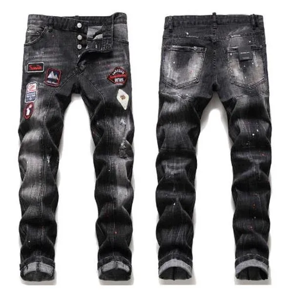 メンバッジリッピングブラックジーンズファッションスリムフィット洗浄されたモトサイクルデニムパンツメンズパネルヒップホップズボンの男性1073355