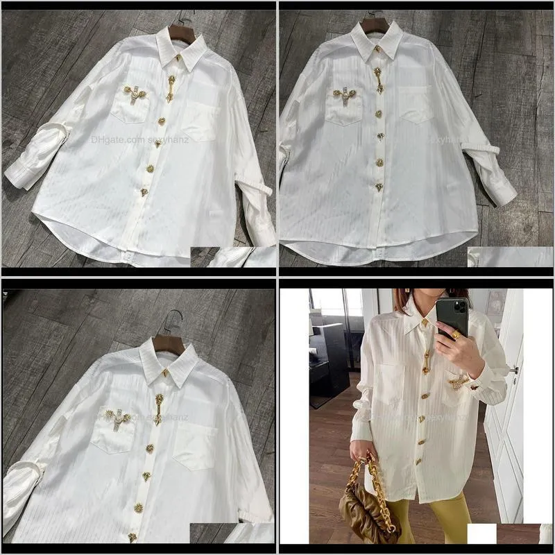 2021 new gold button decoration loose long sleeve stripes acetic acid white shirt women`s fashion blouse