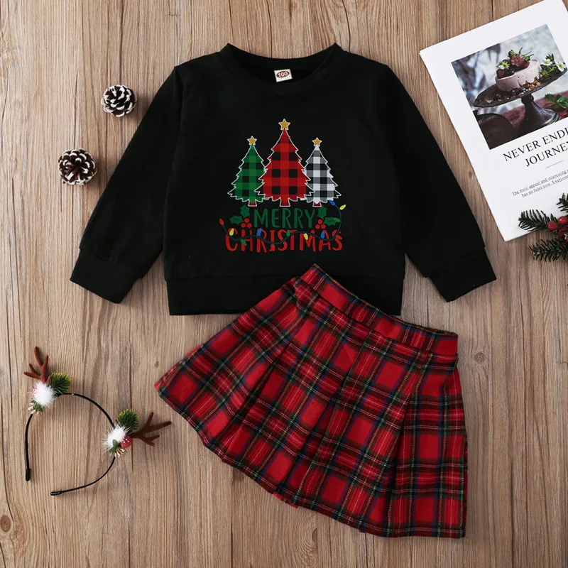 Jul Baby Kläder uppsättningar Vår Höstflickor Outfits Xmas Tree Black Round Neck Print Långärmad Hoodie + Röd Plaid Kjol Kids kläder