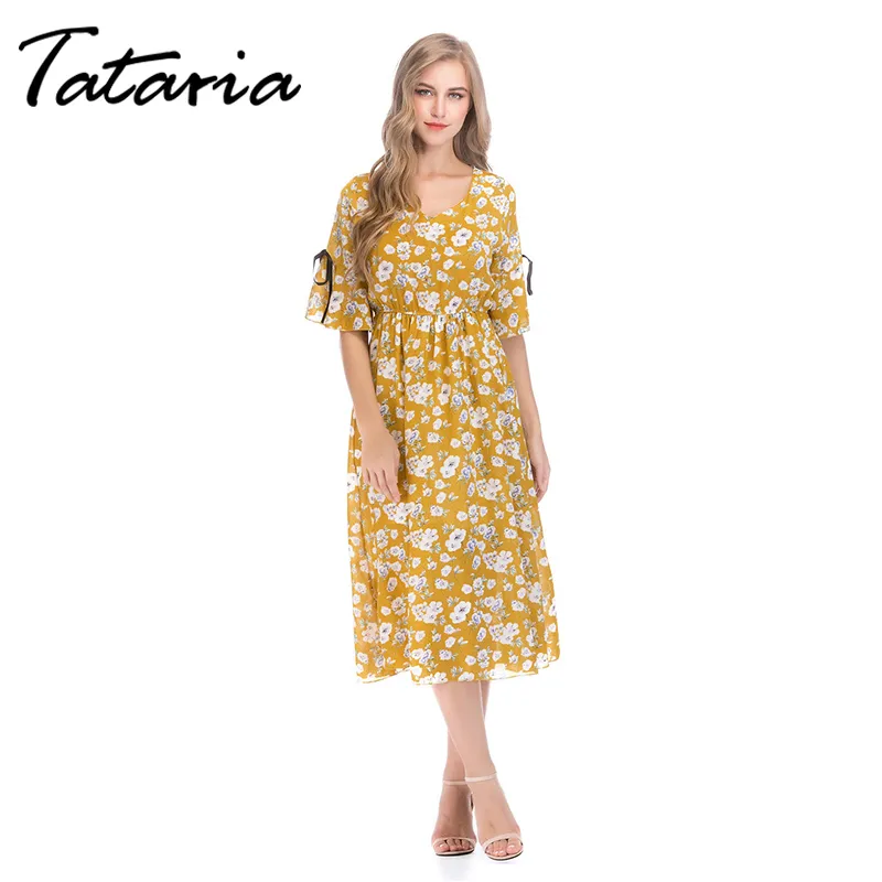 Tataria print blomma chiffong klänning kvinnor hög midja lång kort ärm t-shirt kvinnlig elegant strand es 210514