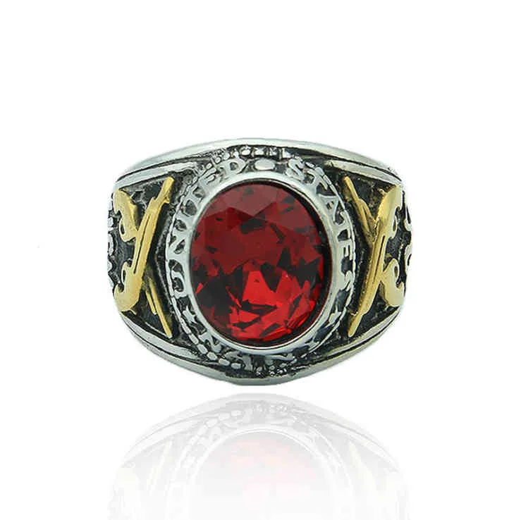 Bague en acier titane de l'armée américaine, Zircon rouge, bague rétro pour hommes de haute qualité