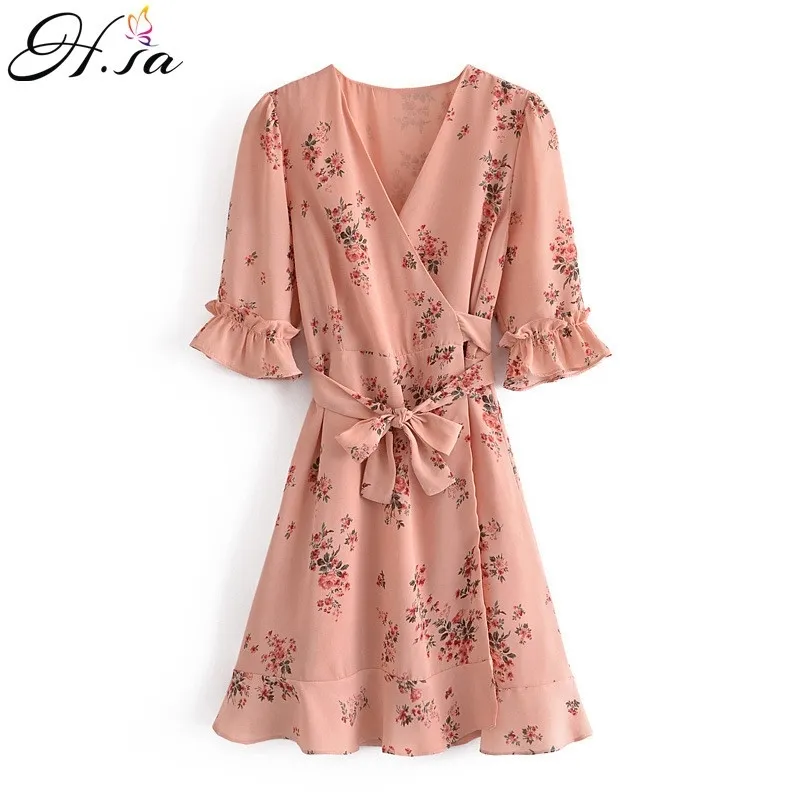 H.SA mujeres verano cuello en V manga volantes Casual corto Mini A-Line Boho playa vestido suelto fajas rosas 210417