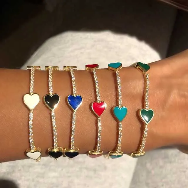 Cute Lovely Enamel Heart Charm Cz Tennis Chain Bracelet Bangle for Lover Women Fashion Jewelry 15+4cm Extend Chain Q0717