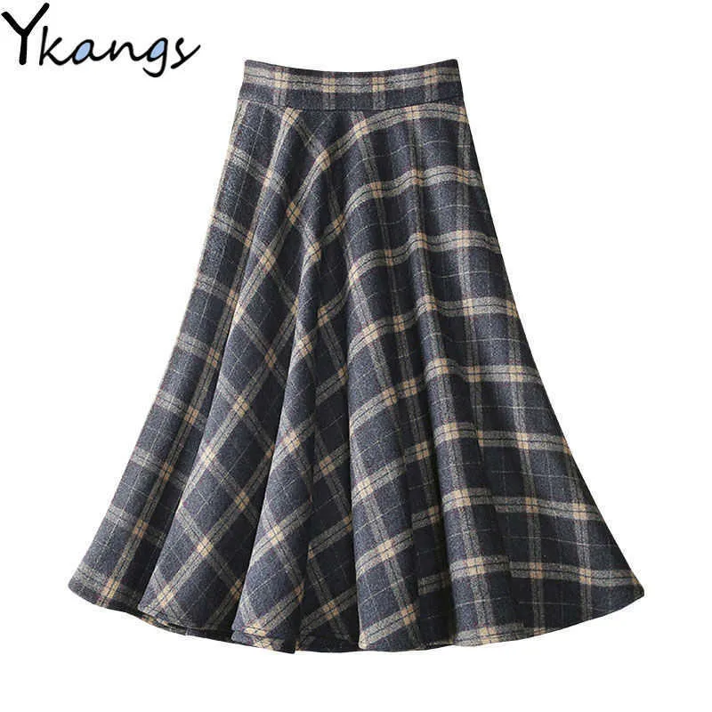 Womens Autumn Winter Warm Plus Size 4XL Wool Skirts Elegant Korean Style Plaid High Waist Long Skirt Office Ladies Clothes 210619