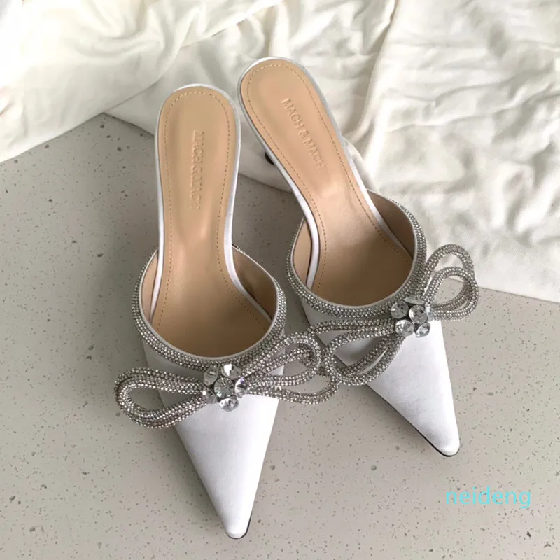 2021 Designers Dress Shoe Evening Slingback Satin Bow Pumps 6.5cm Crystal-Embellishments Rhinestone Skor Spole Heels Sandaler för kvinnor