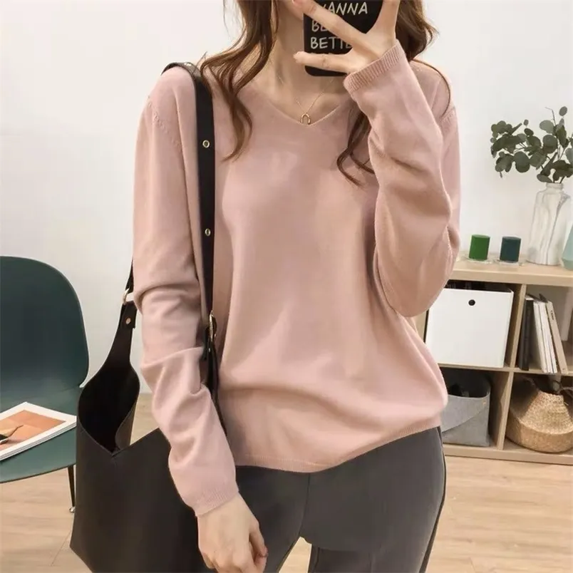 V-neck Sweater Women Early Autumn And Winter Large Size Loose Was Thin Outerwear Solid Color Bottoming Shirt 210427