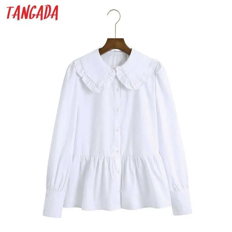 Tangada Donna Ruffles Camicie bianche Manica lunga Solid Colletto Peter Pan Camicette femminili eleganti 6Z56 210609