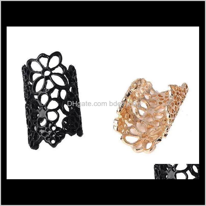 Women Fashion Hollow Alloy Finger Rings Rose Flower Opening Wide Cuff Style Ring Punk Black Gold Colors Ring Jewelry