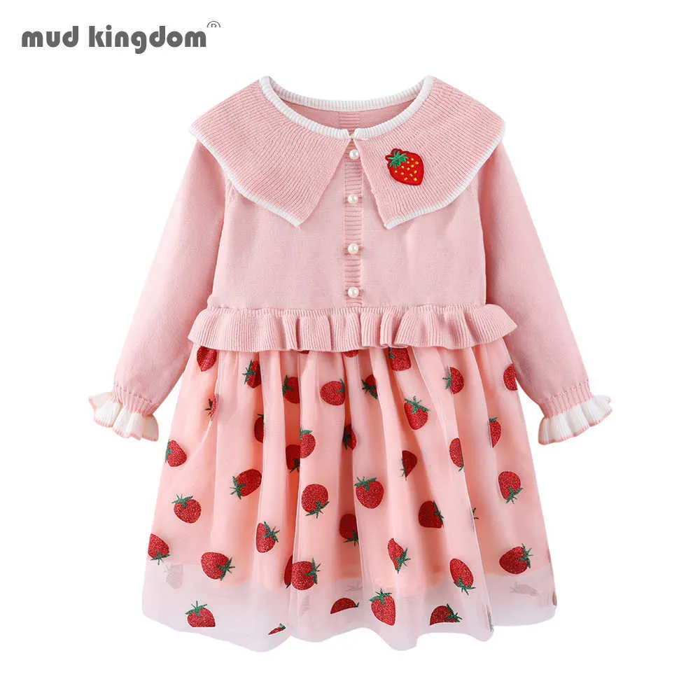 Mudkingdom collared ruffle toddler tjej tröja klänning jordgubbe tulle våren stickade klänningar för tjejer söta boutique kläder fall 210615