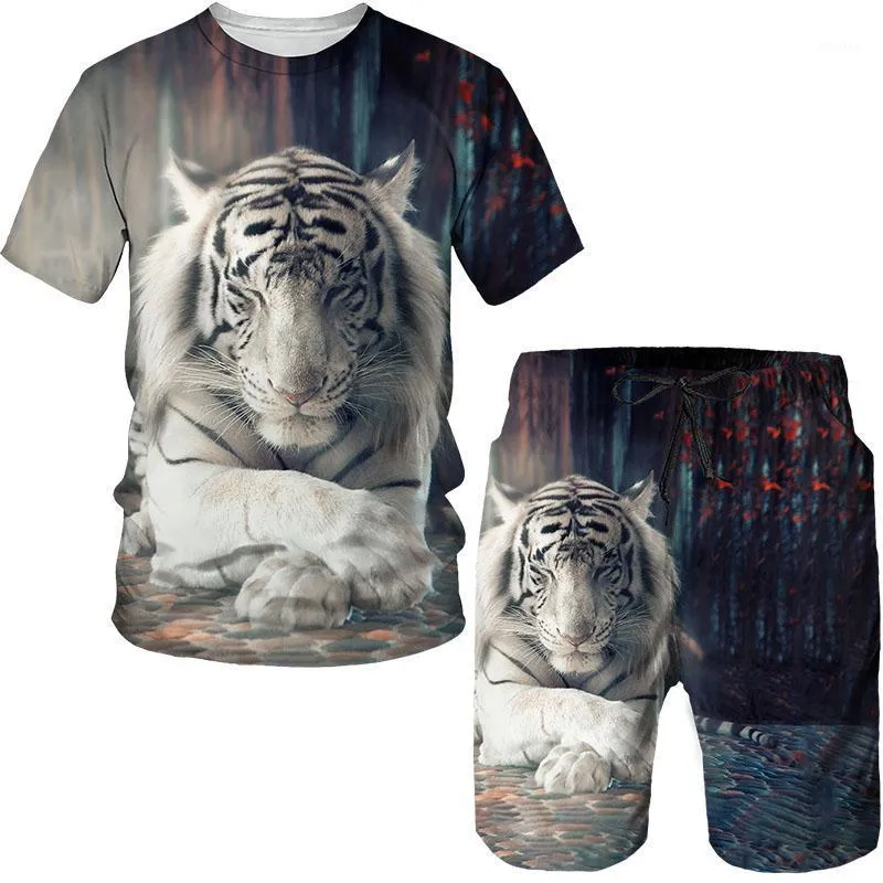 Мужские трексуиты футболки шорты 2-х частей пляжные брюки мода спортивные с короткими рукавом животных тигр высококачественный досуг улица