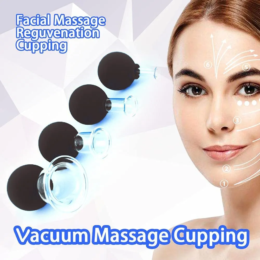 4 Pezzi Set Terapia di Coppettazione per Massaggio Facciale in Vetro per Occhi Viso e Corpo Coppette di Aspirazione Sottovuoto in Silicone Anti Rughe Cellulite