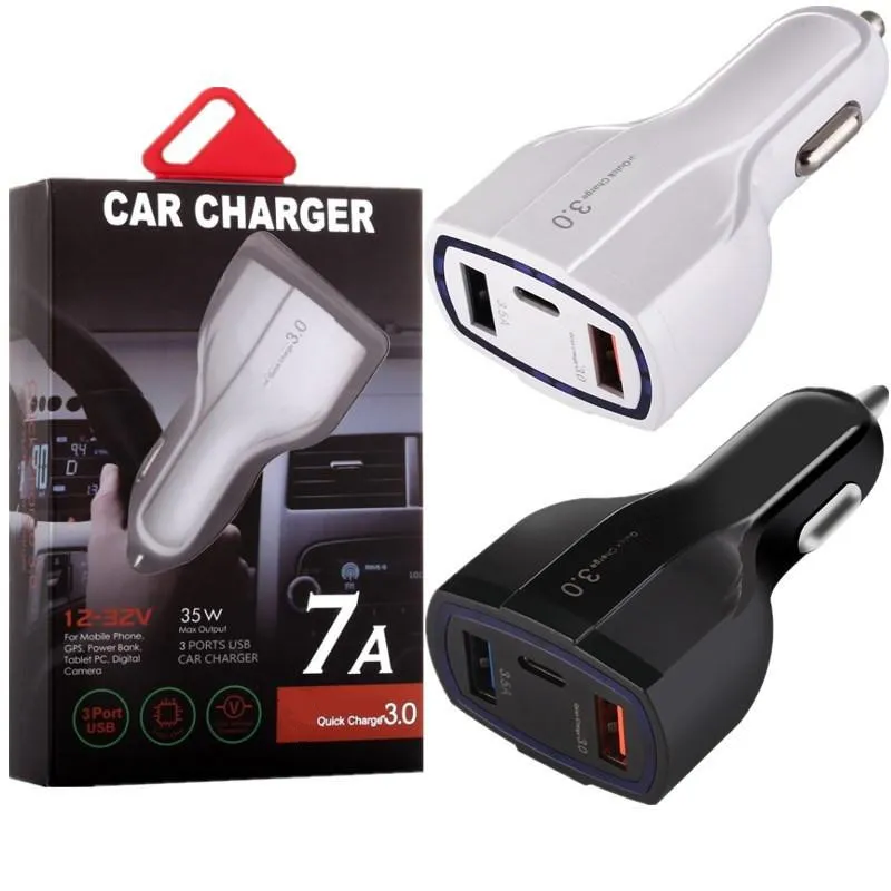 Snabb snabb USB C -bilavgift 3 USB -portar Typ C PD -laddare 35W 7A Auto Power Adapters för iPad iPhone 11 12 13 14 15 Samsung S20 S22 S23 Android -telefon