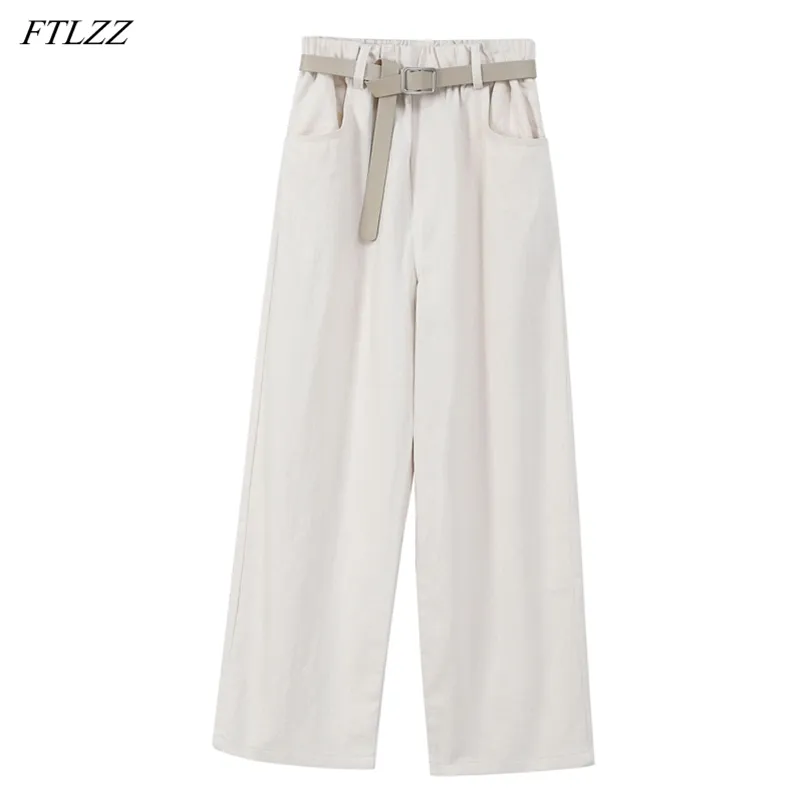 Summer Women Solid Color Wide Leg Pants Floor-length Casual Loose High Waistband Straight Denim Female With Belt 210430