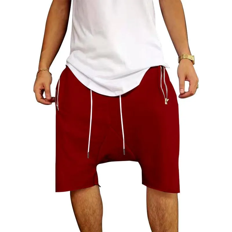 Summer Men s Drop Crotch Shorts Solid Color Trend Drawstring 5 point Basketball Beach Pants Loose Sport Gym Clothing