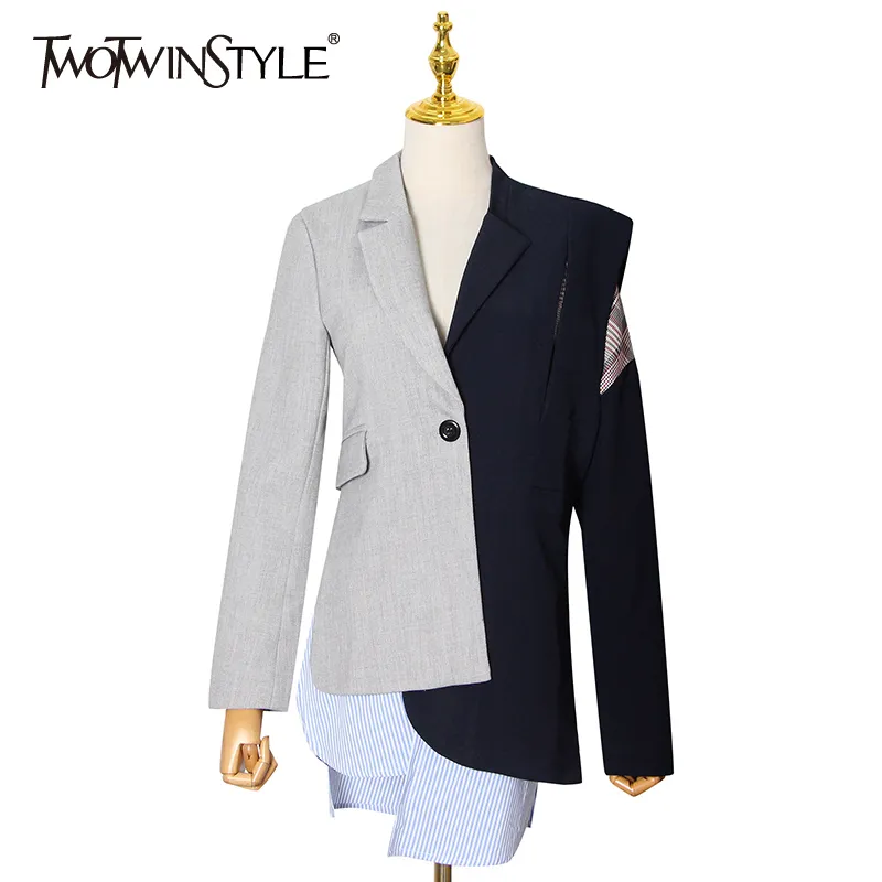 TWOTWINSTYLE Irrégulier Patchwork Rayé Plaid Blazer Pour Femmes Entaillé À Manches Longues Casual Blazers Femme Mode Automne 210517