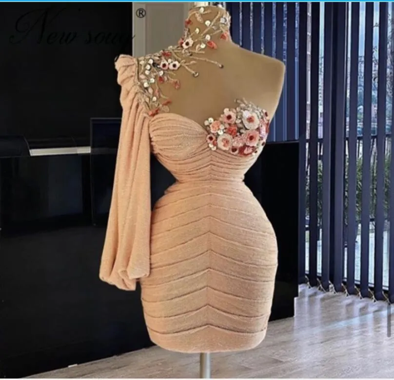 Kurze Ballkleider mit Stehkragen, Blumen, Perlen, Pick-Ups, One-Shoulder-Abendkleider, maßgeschneidertes formelles Cocktailparty-Kleid für Mädchen von Yong zum Geburtstag