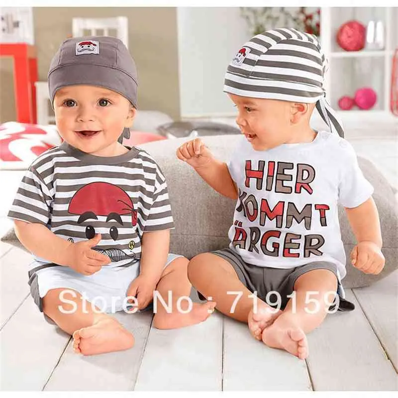0 ~ 2 åldrar sommar tecknad söta stripe barn kläder barn kostym hatt + t-shirt + byxa 3 st baby flicka pojke set 210615