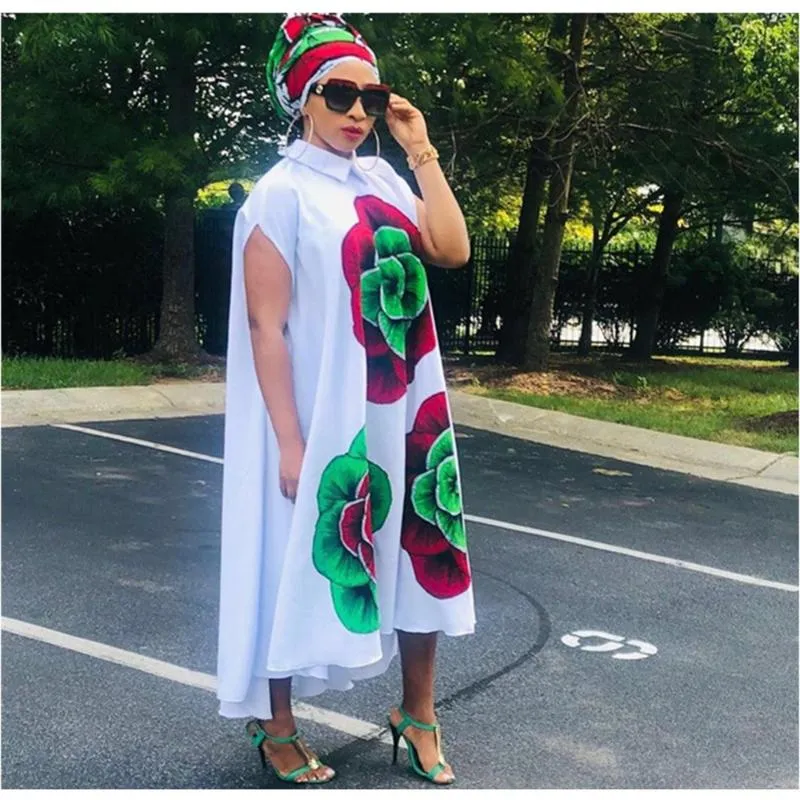 Ethnic Clothing Summer Women' S Dresses 2021 Big Flower Print Short Sleeves Loose Sexy Bazin Long Robe Elegant Nigeria Shirt 260J