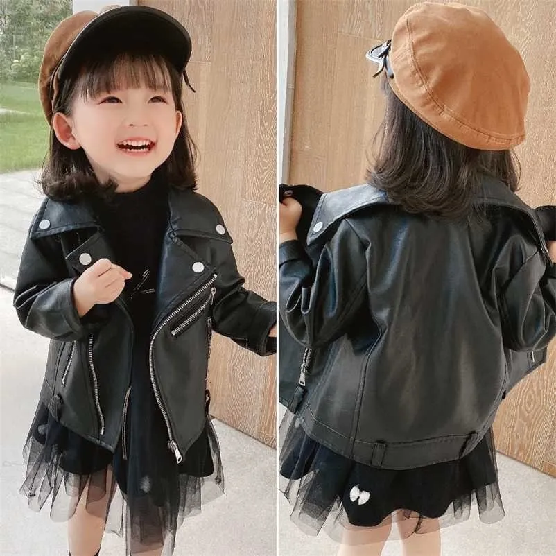 Baby Girls Faux Leather Jacket Zipper Fly Coat för Solid Färg Barnens Vår Höst Kids Kläder Tjej 211204