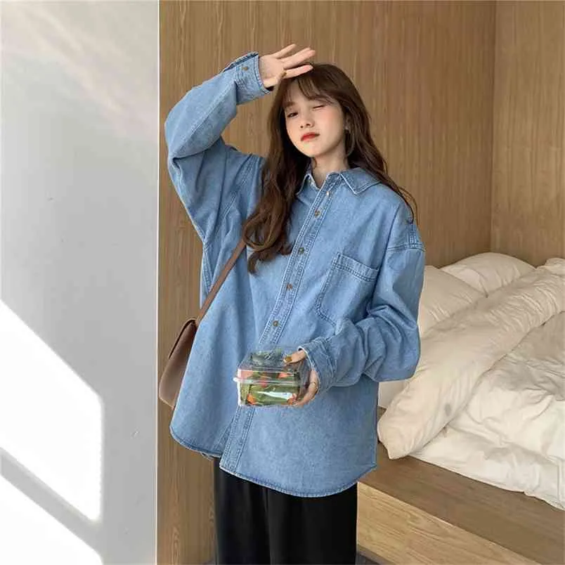 Wiosna Korea Moda Kobiety Z Długim Rękawem Luźne Bawełniane Koszule Denim Turn-Down Casual Vintage Blue Bluzka V282 210512