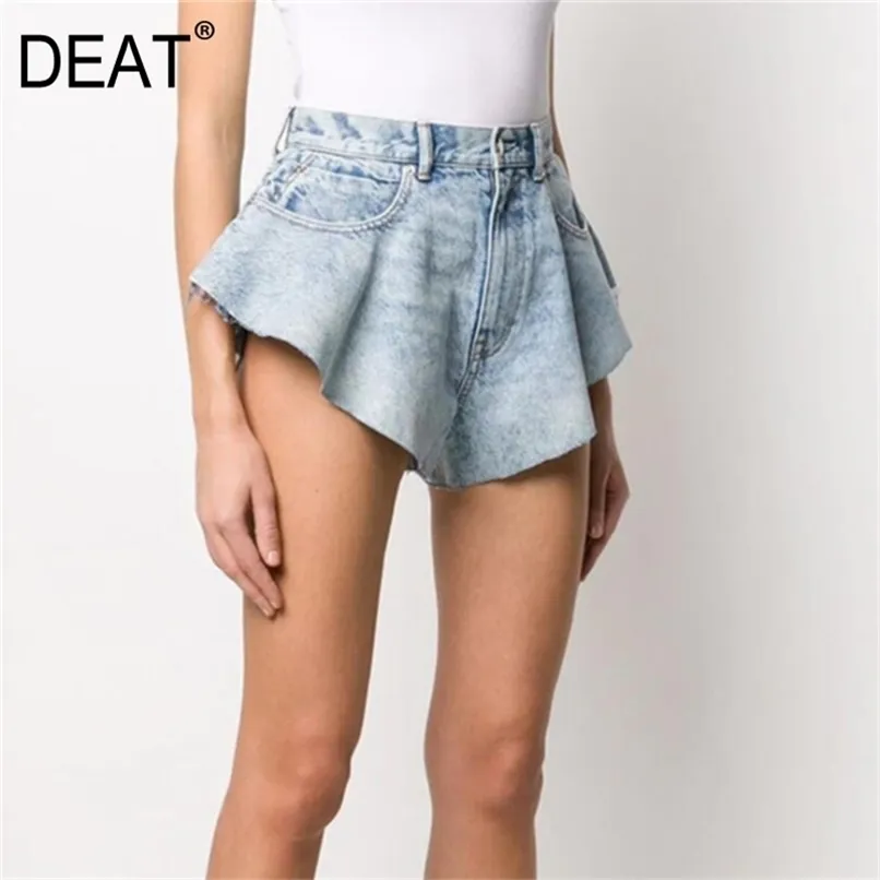 Deat sommar mode mesh kläder ljusblå denim tvättade fickor Zippers shorts kvinnliga bottnar wl38605l 210714