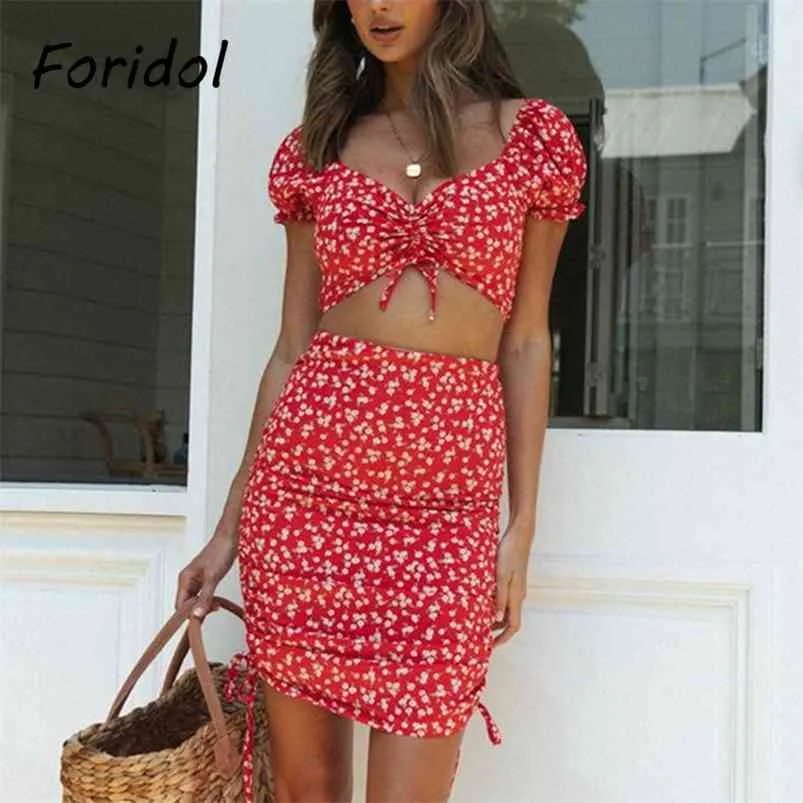 Women Fashion Red Cropped Dress Suits Floral Print Bodycon Mini 2 Pieces Sets Summer Beach Boho Vestidos 210427