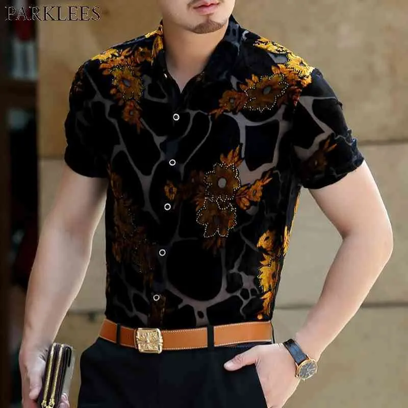 Luxury Gold Floral Embroidery Men Snörning Transparent See Through Sexy Mens Dress Shirts Party Socail Male Clubwear Shirt 3XL 210522