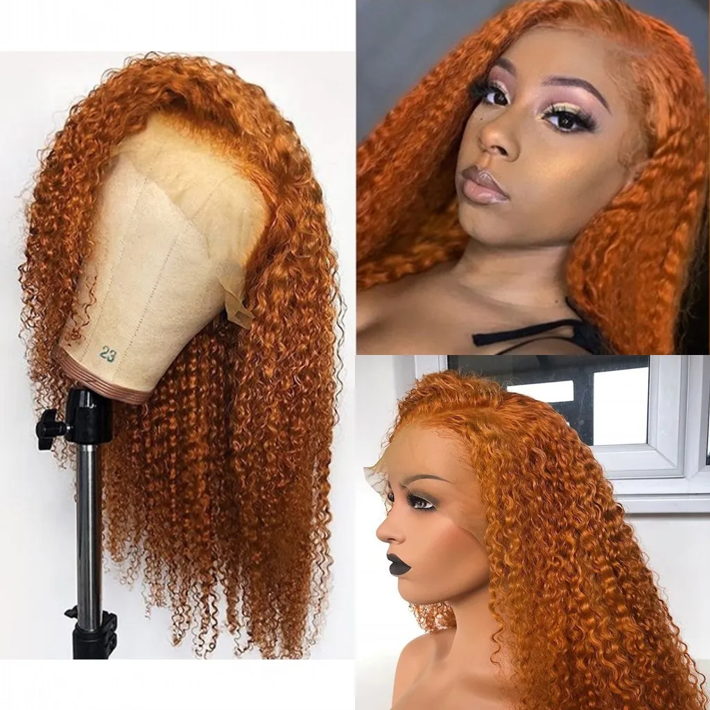 Kinky Curly 26inch Long 13x4 Lace Frontal Pigs Orange Färg 150% Densitet Syntetisk WIG Preplucked Baby Hair Daily / Cosplay