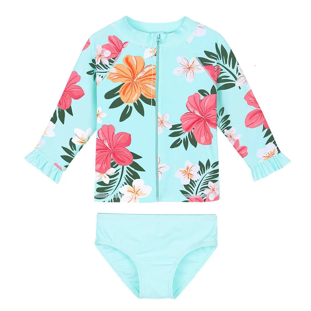 Baohulu Långärmad Cyan Floral Baby Barn Barnbäddsrum Girls UpF50 + Barn Swimming Passar Toddler Girl Rash Guards