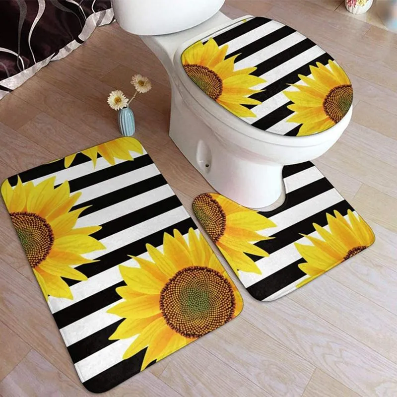 Badmatten 3 stuk Zachte Antislip Sunflower Comfort Flanel U-vormige Toilet Mat Wasbare Badkamer Tapijt Set