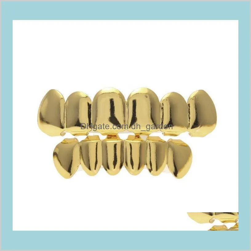 smooth golden silver rose gold plated teeth grillz 6 top & bottom faux dental tooth braces grills men lady hip hop rapper body jewelry