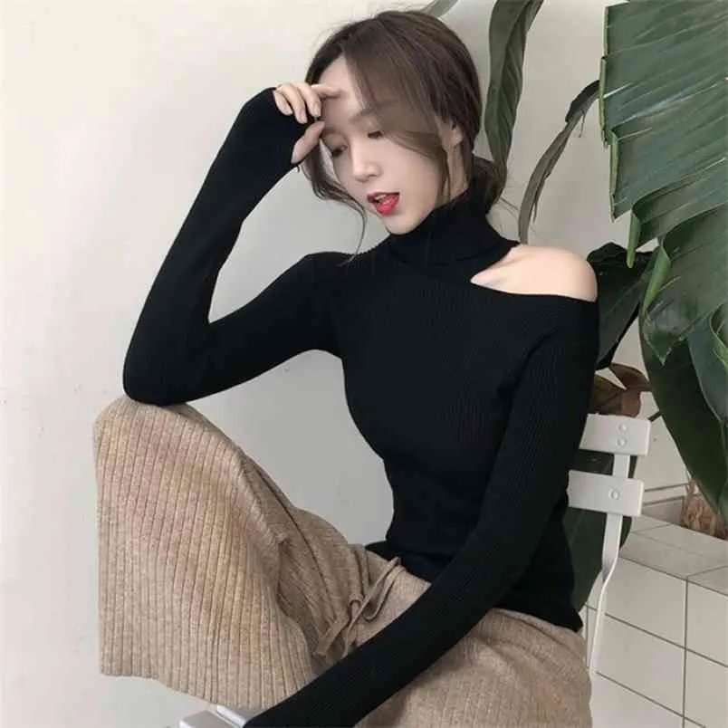 Autumn and Winter Women's Knit Sweater High Neck Strapless All-match Long-sleeved Thin Woman Pullover PL238 210506