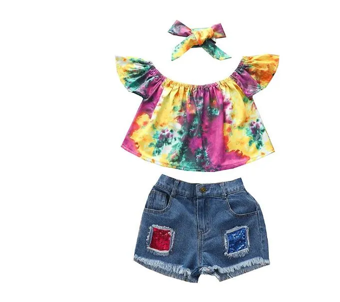Barnflickor Kläder uppsättningar 2021 Sommar Baby Off Shoulder Short Sleeve Tie-Dye Blus Sequin Ripped Denim Shorts 3pcs Outfits