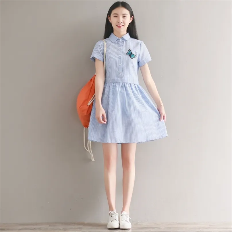 Mori Girl Preppy Style Summer Women Dress Turn-down Collar Striped Slim Elbise Butterfly Appliques Algodón Lino Azul 210520