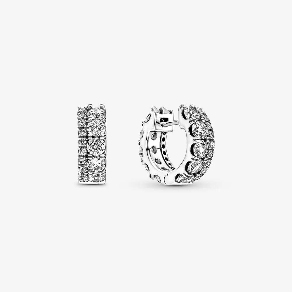 Autentyczne 100% 925 Sterling Silver Double Band Pave Hoop Kolczyki Moda Zaręczyny Wesele Akcesoria Biżuteria dla kobiet Prezent