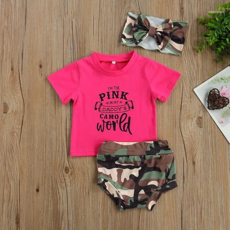 Clothing Sets 0-24M Cute Baby Girls Clothes 3pcs Letter Printed Short Sleeve T Shirts Camouflage Shorts Headband1