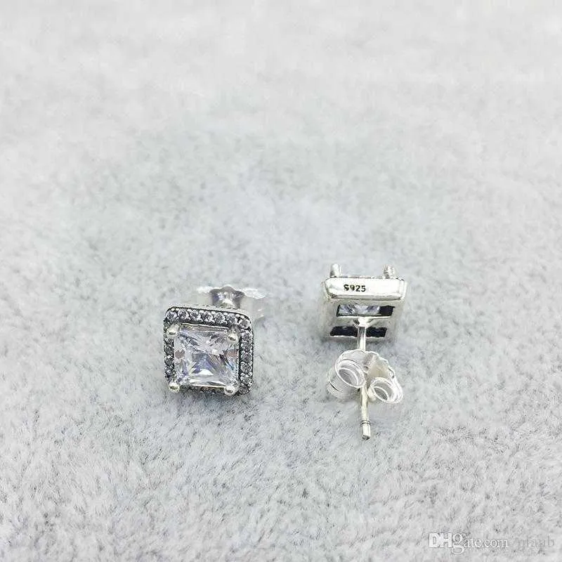 Rose gold plated CZ Diamond EARRING for Pandora Clear Square Sparkle Halo Stud Earrings 925 Sterling Silver earrings sets with Original box