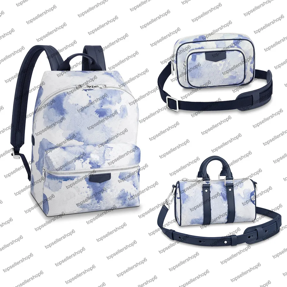 M45760 End End End Discovery Backpack Men Bag Bag aquarela Blue Canvas Bolsa ao ar livre Bolsa de couro genuíno Bolsa de ombro de bolsa de couro de couro genuíno