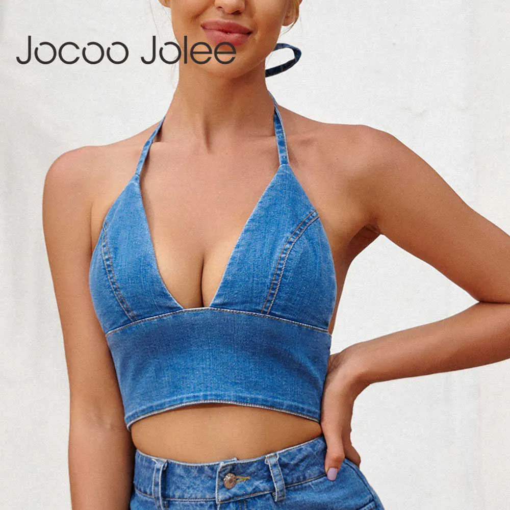 Jocoo Jole Kvinnor Vintage Beach Deep V-Neck Halter Strap Sommar Backless Off Shoulder Sexig Solid Denim Tank Top Party Club 210619