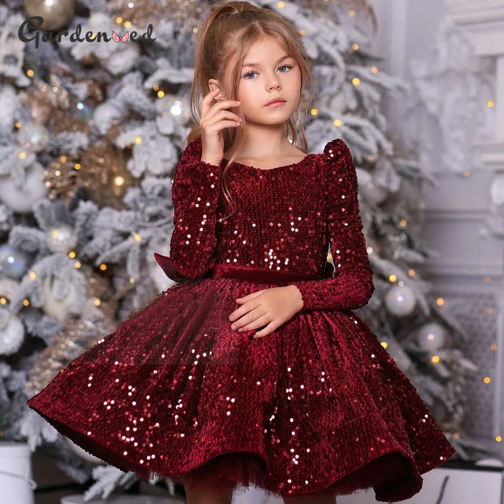 Sequin Burgundy Baby Girl Dress Velvet Full Sleeves Flower Girl Dress Knee Length Dresses For Girls Bow Puffy First Communion